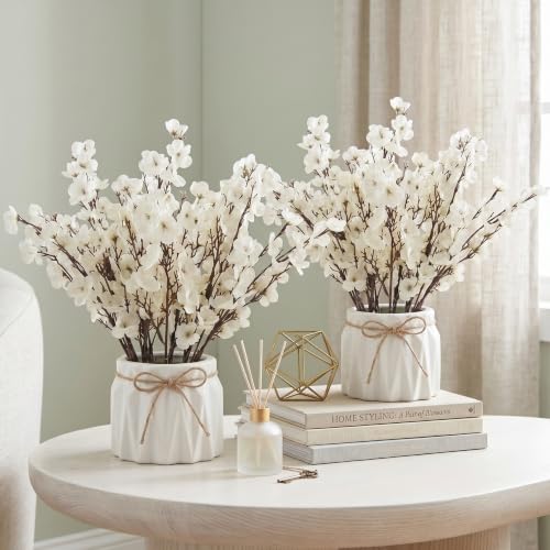 Image of Dekorly Artificial Lavender Plant in White Pot, 18cm - Realistic Faux Flower Arrangement for Home & Office Decor (Set of 1) (2, White Baby's Breath Flower)