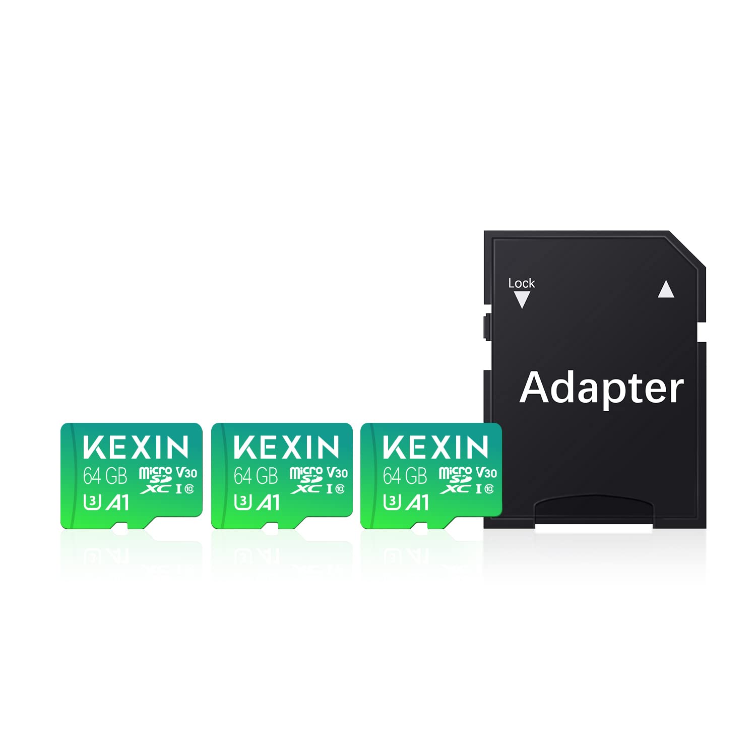 KEXIN 64GB Memoria Micro SD Tarjeta U3 Clase 10 Mini USB Micro SDXC V30 Tarjeta 64GB con Adaptador para PC, Tableta,Drone,Cámara Deportiva y Smartphone,3 Unidades
