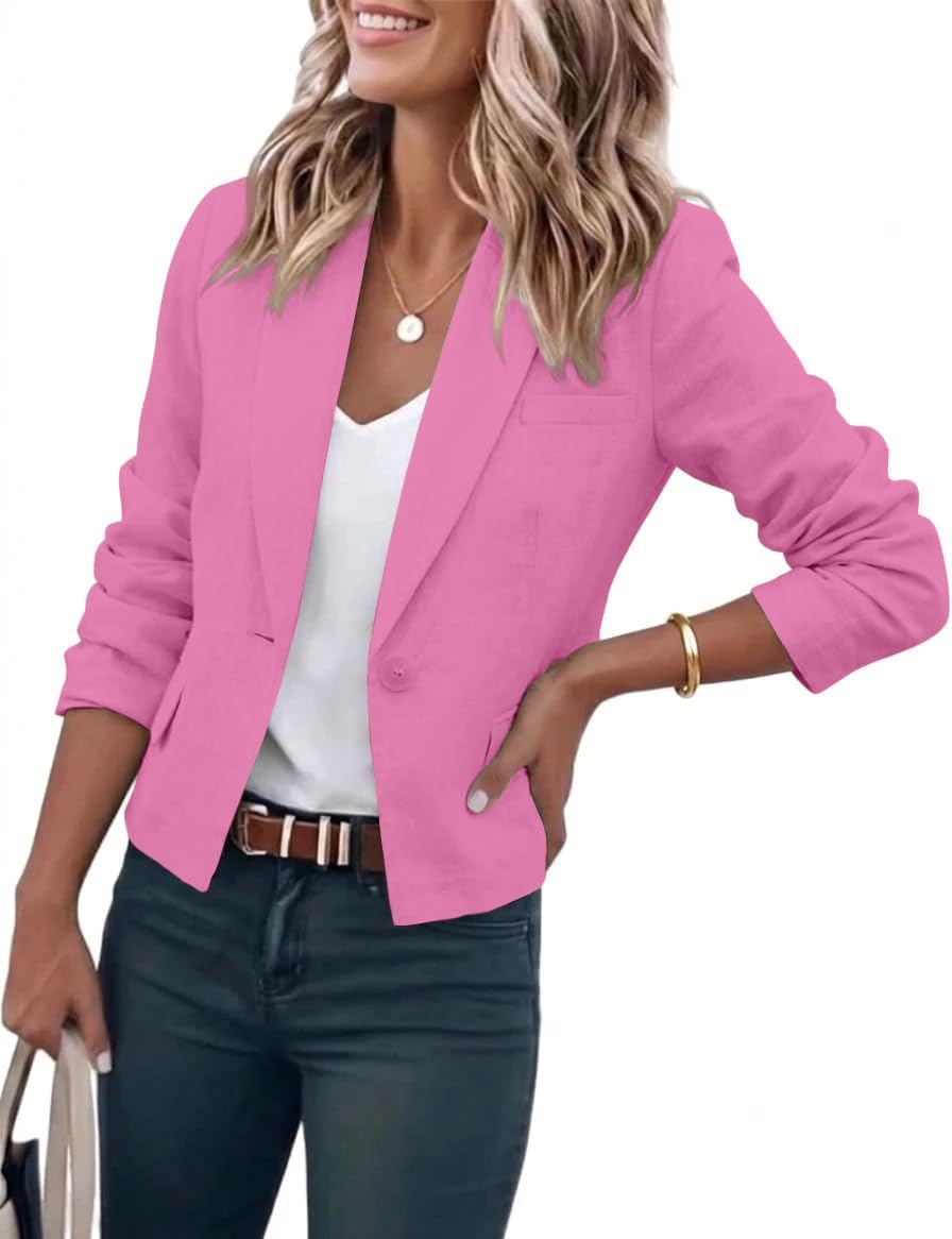 IDEALSANXUN Womens Cropped Blazer Casual Lightweight Cotton Linen Blazer Suit Jackets