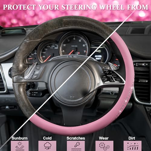 CAR PASS Bling Diamond Pink Leather Steering Wheel Cover, Studded Shining Rhinestones Universal Fit 14" 1/2-15" Glitter Sparkly Crystal Fit for Women Girl SUV,Vans,Sedans,Car,Trucks, Pink Diamond by CAR PASS - Used condition - Image 5