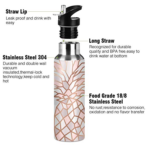 Orezi Rose Gold Pineapple On Pink And White Marble Water Bottle Thermos With Straw Lid For Boys Girls,600 Ml,Leakproof Stainless-Steel Sports Bottle For Women Men Teenage #TOP2