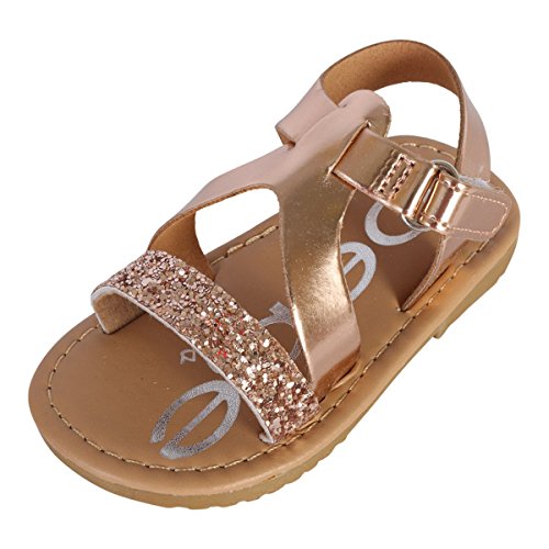 bebe Baby Girlsâ Sandals â Strappy Patent Leatherette Glitter Sandals (Toddler), Size 8 Toddler, Rose Gold