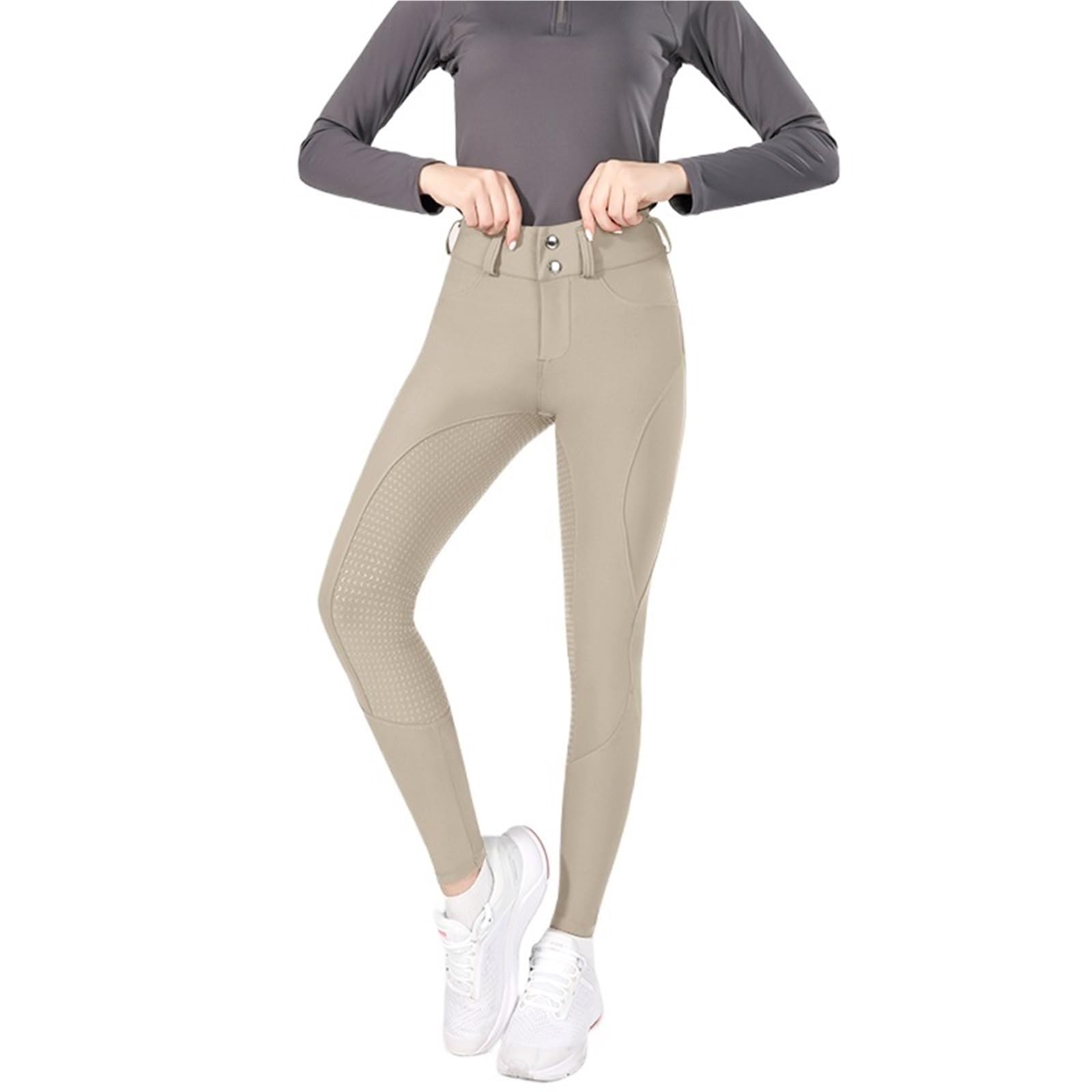 Pantalones Montar a Caballo Mujer Pantalones de equitación con Cremallera y Botones for Mujer, Mallas ecuestres, Deportivas competición(Khaki,L)