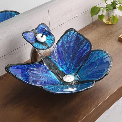 Lavabo in Vetro temperato, Mobile da Bagno a Incasso con Rubinetto a Cascata e piletta di Scarico a Scomparsa.