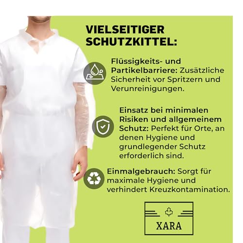XARA Schutzkittel Einweg - Einweg-Schutzkittel – Einwegkittel – Einheitsgröße – 114 x 146 cm – Verschluss mit Druckknöpfen – Material: LDPE-Polyethylen – Wasserdicht – 10 Stück