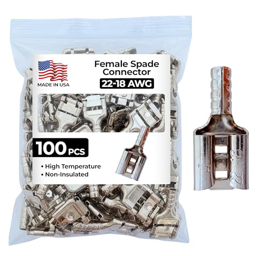 Sherco-Auto 100 Pcs High Temperature Non-Insulated Female Spade Connectors - 22-18 Gauge Quick Disconnect .250 Tab - Wire Splice Connectors for Strong Crimps in Electrical Wire Terminals - Made in USA