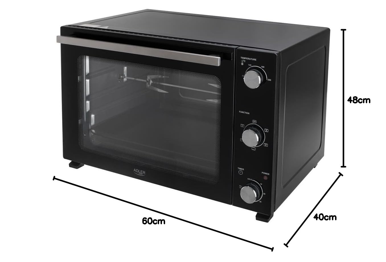ADLER EUROPE AD 6028 Elektrobackofen 60 Liter, Mini-Backofen mit Umluft, Drehspieß, Timer, 5 Heizmodi, 2000W, Doppelglastür, Backblech und Grillrost, Schwarz