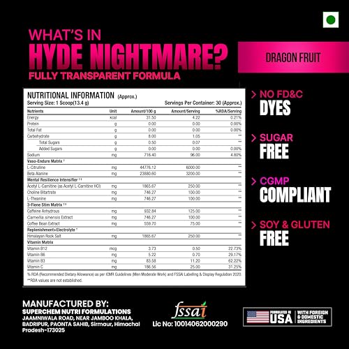 Image of ProSupps Hyde Nightmare Dragon Fruit Pre Workout Powder, 30 Servings | 6000 mg Citrulline, 3200 mg Beta-Alanine, Nootropics, Electrolytes, FSSAI Compliant, Banned-Substance Screened