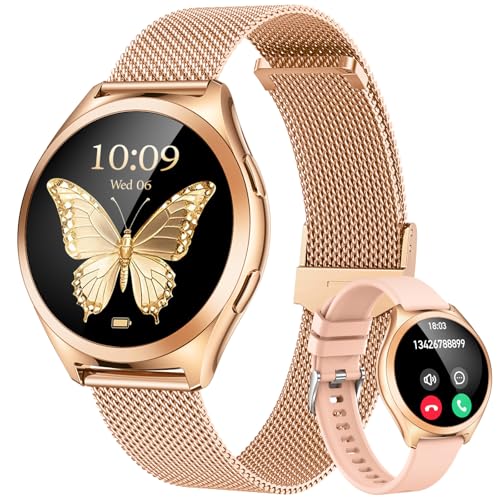 Gold Smartwatch Damen Armbanduhr Rund: Smart Watch Damen Metallarmband mit...
