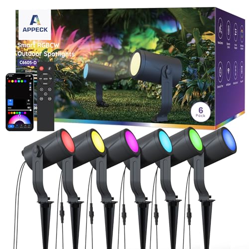 Image of APPECK Smart Landscape Lighting Kit 36W, RGBCW Smart Landscape Lights 6 Pack, IP65 Waterproof Outdoor Spotlights, Alexa /Google Assistant Compatible, for Garden Pathway Yard Holiday Decor