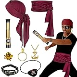 【Déguisement Pirate Accessoire】Cet ensemble d’accessoires pour déguisement de pirate inclut bandana, une ceinture, des boucles d'oreilles, un collier, une bague pirate et d'autres accessoires.Parfait pour créer un look pirate authentique en un instant.