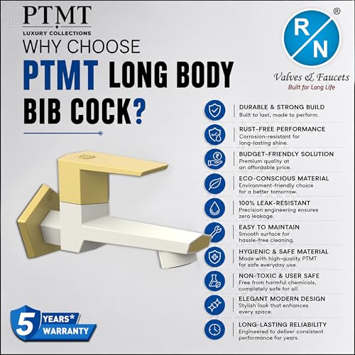Image of RN PTMT Long Body Bib Cock for Bathroom | 15mm Long Body Foam Flow Water Tap with Flange | Luxury G20 Collection Faucet | High-Grade Engineering Polymer Tap (Ivory Bright Gold Dual, Pack of 2)