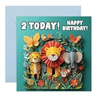 2nd Happy Birthday Card - '2D Safari Age' - Gifts for Baby Boys, Sons, Girls, Toddlers, Kids, Children, Family - Smiling Animals - Comes with Fun Stickers