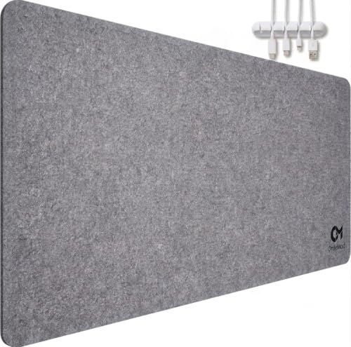 OrdeMod Large Desk Mat 90x40cm with 5-Slot Cable Clip 4mm Thick Felt Desk Pad Non-Slip Extended Mouse Pad for Keyboard & Laptop Smoky Grey