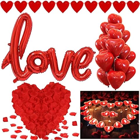 Romantic Decorations Set, 1000 Red Rose Petals, 50 Heart Candles, XXXL LOVE Balloons, 20 Red Heart Balloons, Red Hearts Garland for Birthday Wedding Bridal Anniversary Proposal Decoration Cover