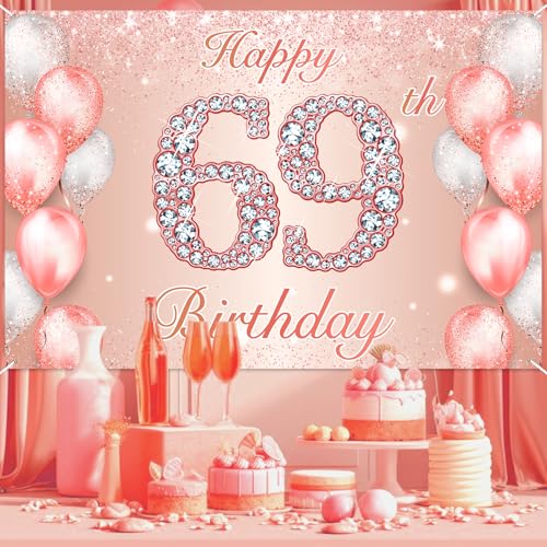 Image of Happy 69th Birthday Rose Gold Banner Cheers to 69 Years Old Backdrop Confetti Balloons Theme Decor for Women 69 Years Old Pink Birthday Party Decorations Bday Supplies Background Favors Gift Glitter