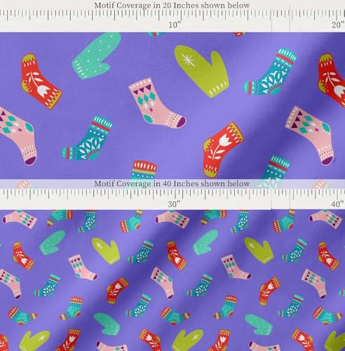 Image of Soimoi Purple Cotton Cambric Fabric Socks & Gloves Folk Art Print Sewing Fabric Meter 56 Inch Wide
