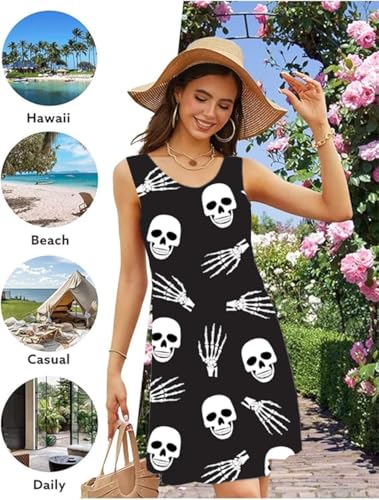 Image of Halloween Skeleton Sundresses Women Skull Print Sleeveless Pumpkin Face Jack O' Lantern Mini Tank Dress