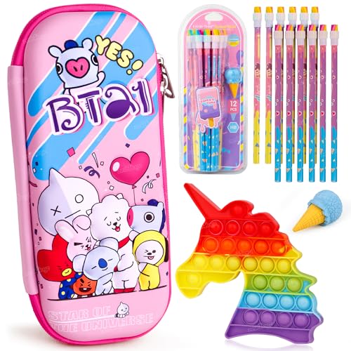 Image of Zest 4 Toyz 3D Cartoon Pencil Case Combo Set with Large Pencil Pouch 12 Pencils with Erasers Rainbow Unicorn Pop It Toy for Kids Boys and Girls