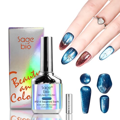 SAGEBIO Cat Eye Gel Nail Polish with Magnet Stick, 15ml Holographic Magnetic Gel for DIY Nail Art, Long-Lasting & Safe Formula, Sapphire Swift