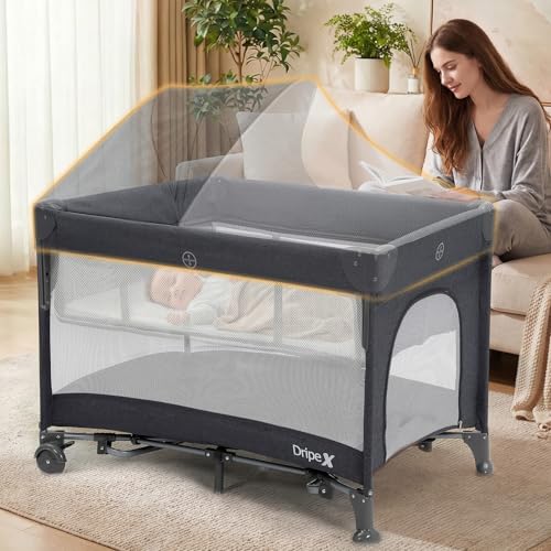 Image of Dripex 5 in 1 Pack n Play Bedside Sleeper, 2-Level Height Baby Crib, Storage Pocket & Breathable Mesh - Foldable Portable Baby Bedside Bassinet for 0 to 12 Months (Travel/Home), Dark Grey