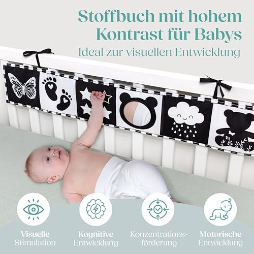 WELLODE Kontrastbuch Baby Mit Teddy Spiegel - Schwarz Weiß Doppelseitig Baby Stoffbuch - Kontrast Spielzeug Baby 0 3 6 12 Monate - Ideal für die Visuelle Entwicklung und die Bauchlage
