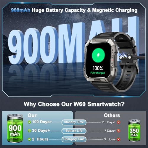 Smartwatch Men Military, 100 Days Battery Life/LED Flashlight/Compass/2 Wristbands/IP68 Waterproof, 100+ Sports Modes Sports Watch, Make/Receive Calls Smartwatch Outdoor Fitness Watch for Android iOS - Image 3
