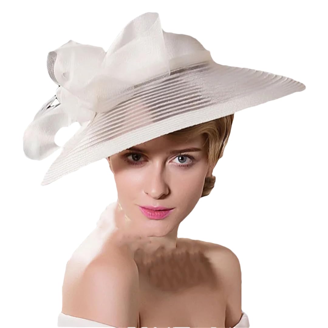 Sombreros de sol para mujer, Sombrero de Sol ala Ancha Grande Blanco for Mujer Fiesta té Decorativo con Lazo Fedora Retro Talla única