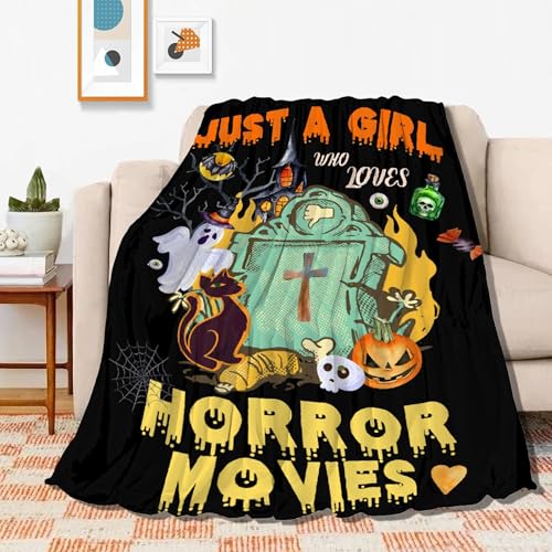 Image of Just A Girl Who Loves Horror Movies Blanket Ultra-Soft Warm Plush Soft Throw Gifts Lightweight Flannel Blankets for All Season Bed Couch Chair Living Room 80 inchx60 inch Large for Men Women