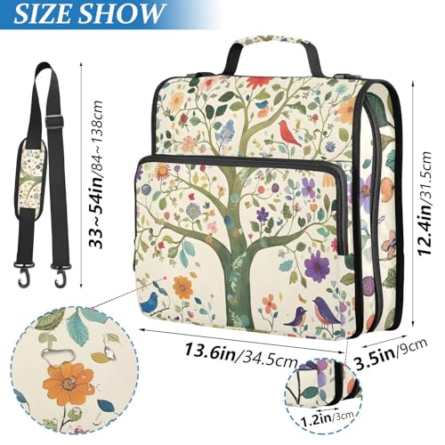 Image of 3 Ring Zipper Binder with Shoulder Strap Tree Life Birds Floral 1.5 inch Binders Keeper Large Capacity Multi Pockets for School Office Supplies