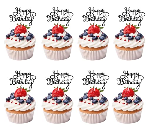 24 adornos para tartas de cumpleaños de 5.5 pulgadas con purpurina para decoración de fiesta de cumpleaños, fiestas, aniversarios, celebraciones, baby shower (24, negro)