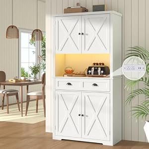 Loomie 72” Farmhouse Kitchen Pantry Cabinet, LED Kitchen Cabinet with Operation Table & Power Outlet, Tall Storage Cabinet with Drawer, Cupboard with Adjustable Shelves for Dining Room (White) Loomie 72 Farmhouse Kitchen Pantry Cabinet LED Kitchen Cabinet with Operation Table Power Outlet Tall Storage Cabinet with Drawer Cupboard with Adjustable Shelves for Dining Room White