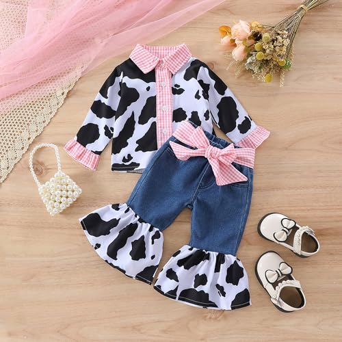 Emmababy Cowgirl Outfit Toddler Girl Button Shirt Long Sleeve Cow Print Top Bell Bottom Jeans Denim Set Western Baby Clothes2