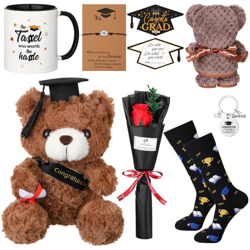 Foilswirl 9 Pcs Class of 2026 Graduation Bear Gifts Sets Graduation Stuffed Bear Congrats Grad Card for Congratulations Gift(Dark Brown)