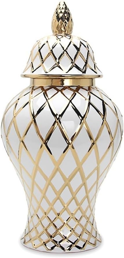 Ceramic Ginger Jar With Lid White And Gold General Jar Temple Jar Ceramic Storage Jar For Home Crafts Soft Decoration Vases Flower Arrangements, 20*42cm, XSCQ01