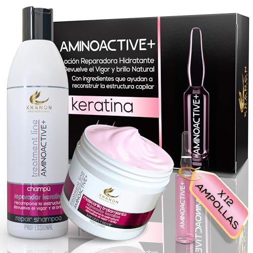 Pack Reparador - Champu Sin Sulfatos ni Parabenos - Aloe vera y Keratina - Mascarilla + Champú + Ampollas - Reconstrucción - Suavidad - Brillo Natural - Xhanon Professional