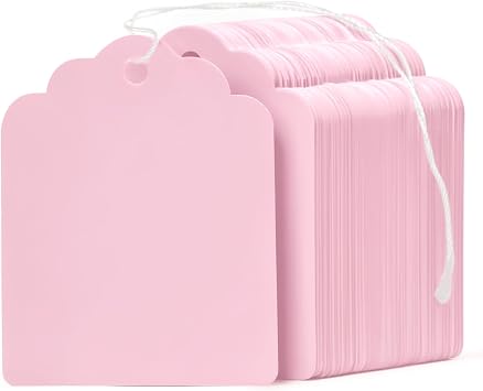 Uniclife 200 Pcs Price Tags with String Attached 1.8 Inch Writable Pink Hang Tag String Tags for Pricing Clothing Jewelry Price Display Labels Blank Merchandise Marking Paper Tag, 1 3/4" x 1 3/8"