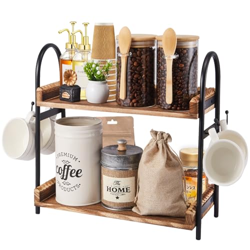 BDBDYEAY Coffee Bar Accessories, 2-Tier Coffee Bar Organizer with 4 Coffee Cup Holder Hooks, Mul-tifunctional Wooden Beaded Coffee Station Countertop Stand Shelf for Kitchen Home Office