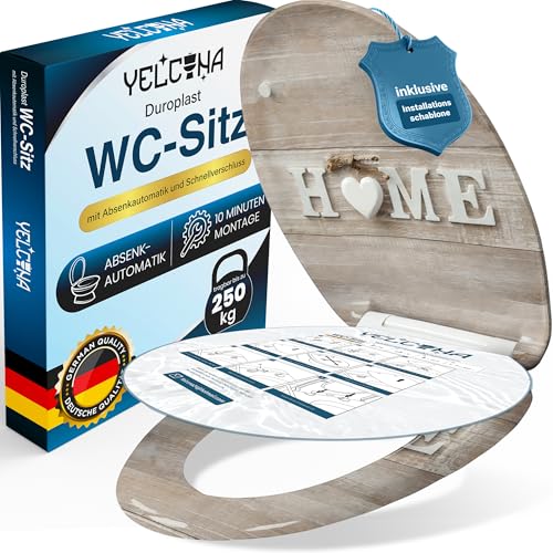 YELCONA Toilettendeckel Mit Absenkautomatik | WC Sitz Mit Absenkautomatik | Klodeckel Mit Absenkautomatik | Antibakteriell, UV-Beständig, Quick-Release, Installationsschablone (Home)