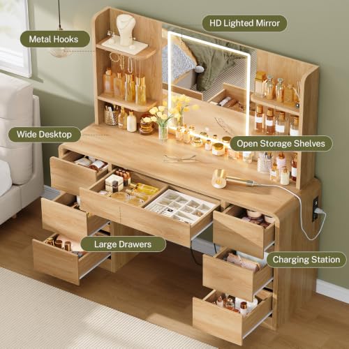 Image of FIONESO Vanity Desk with Mirror and Lights, Makeup Vanity with 7 Drawers & Power Outlet, 3 Lighting Modes Brightness Adjustable, Vanity for Girls, Natural