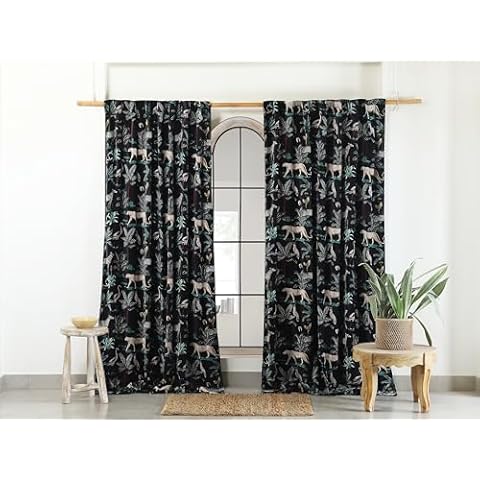 Labhanshi Black Cotton Velvet Printed Curtain one Panel 52x72 Inch Cover