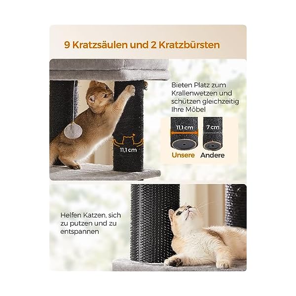 Feandrea Kratzbaum, mit selbsterwärmenden Decken, für große Katze, Katzenbaum, 2 Katzenbürsten, 9 Ø 11,1 cm Dicke Stämme, große Plattformen, Höhle, 50 x 50 x 160 cm, Taubengrau-schwarz PCT003W01 – Bild 7