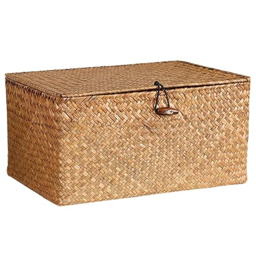 Shelf Baskets Bin with Lid Handwoven Seagrass Basket Storage Bins Rectangular Household Basket Boxes for Shelf Wardrobe Home Organizer (Caramel Large)