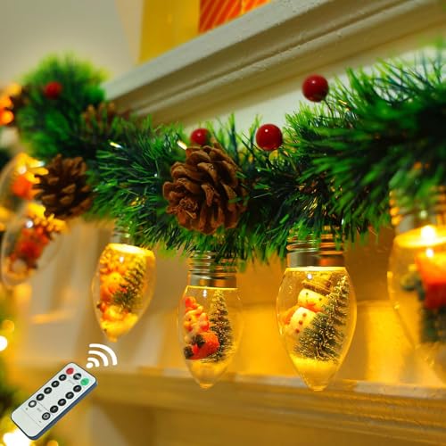 Christmas Garland with Lights, 8.2 FT Battery Operated Powerd 12 LED Bulb Lights Pine Cones Red Berry Decorations Lighted Xmas Lit Prelit Indoor Outdoor Window Home Mantle Fireplace Office Table Decor