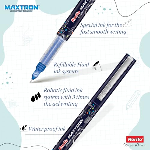Image of Rorito Maxtron Pen | Pack of 5 | Robotic Fluid Ink Technology | Tungsten Carbide Fine Tip | Waterproof Ink | Ideal Pen for Students | Refillable (Blue)