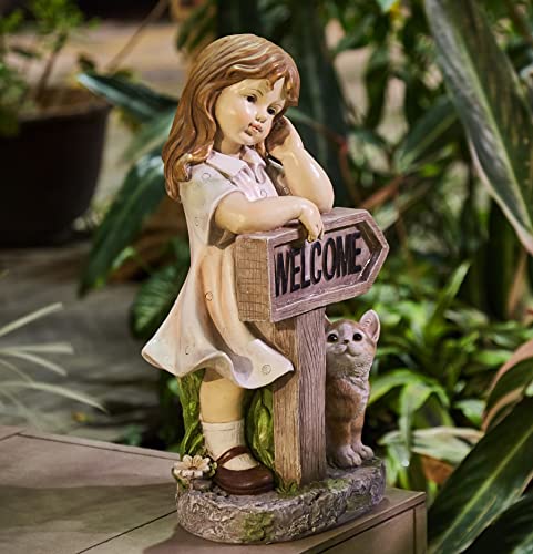 Floryden Girl Garden Statue With Solar Led Lights, Solar Girl Welcome Sign With Cat Garden Statue For Outdoor Decor, Porch, Patio, Yard Art Decorations, Polyresin 17.3 Inch #TOP1