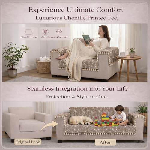 Image of STITCHNEST Woven Fabric Sofa Cover 2 Seater with 2 Hand Rest Covers - Washable Brown Sofa Cover with Tassels - Durable Premium Fabric - Stylish Sofa Protector for Living Room & Furniture Decor