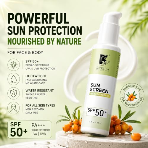 Image of Sea Buckthorn Oil Sunscreen SPF 50+ 100ml | Broad Spectrum UVA UVB Sun Protection for Face-Body |Fast Absorbing No White Cast Sunscreen | Water Resistant Daily Use for All Skin| Men-Women
