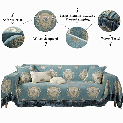 Stacypik 1Pc Thick Durable Peacock Blue Jacquard Sofa Covers Blankets For 3 Cushion Couch,Multi-Use Tassels Sectional Couch Covers Boho Decor,Pets Dogs Furniture Protector For Most Shape Sofa,71X118In #TOP3