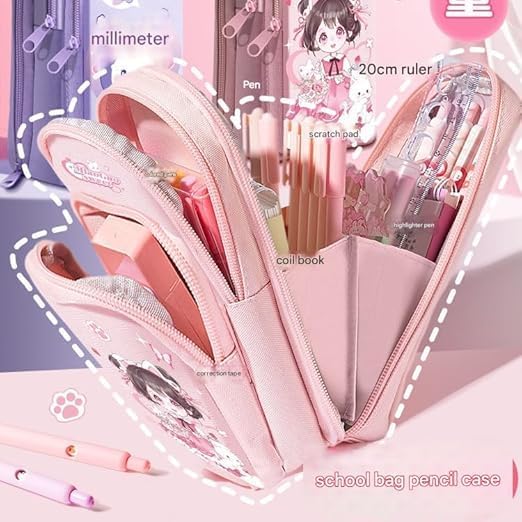 Image of Invite Enterprise Three Layer School Bag-Shaped Pencil Pouch, Large-Capacity Pencil Pouch with Zipper, Multipurpose Pen & Pencil Case for School Supplies for Boys & Girls (Pink Girl - Pouch)